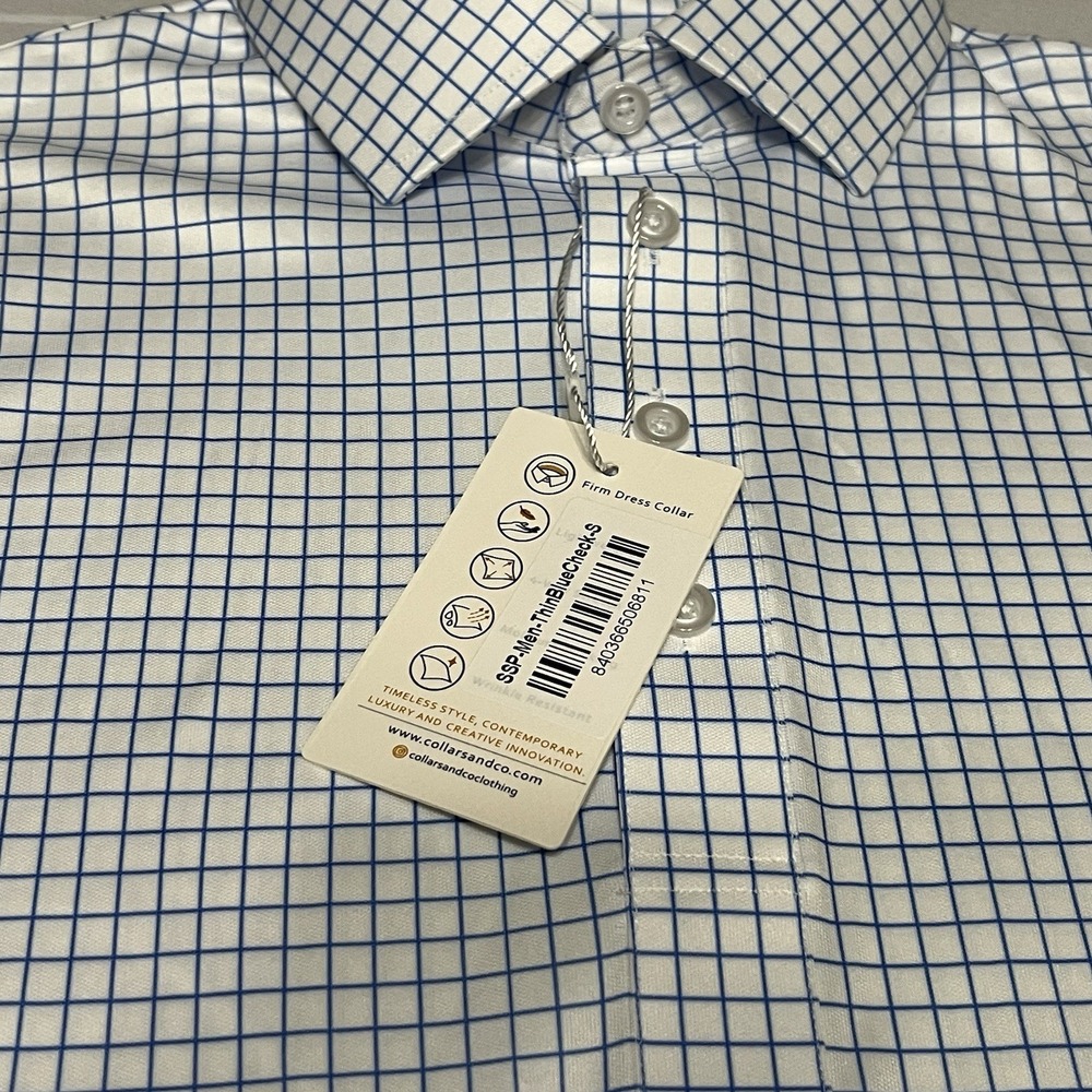 NWT Collars and Co Dress Collar Polo Shirt Mens S Blue White Check Performance - Picture 5 of 7
